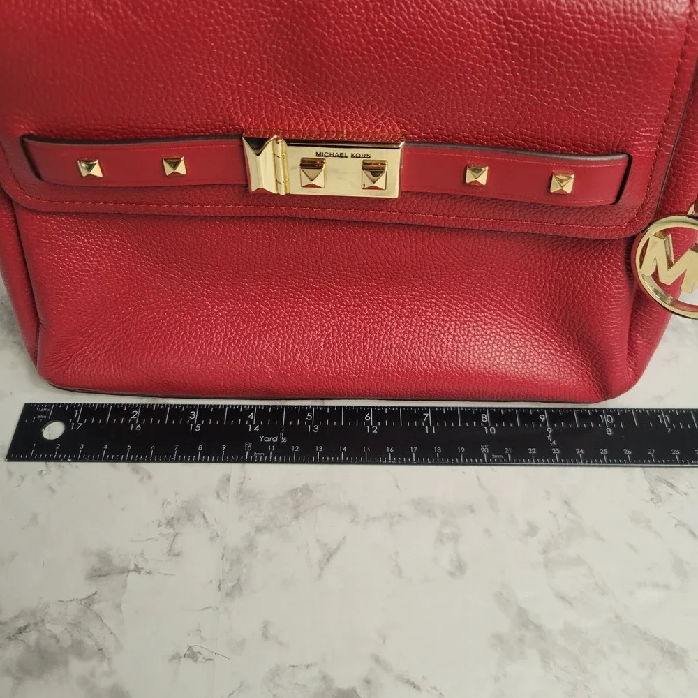 Michael Kors Red‎ Pebbled Leather Studded Flap Crossbody Bag Gold Hardware